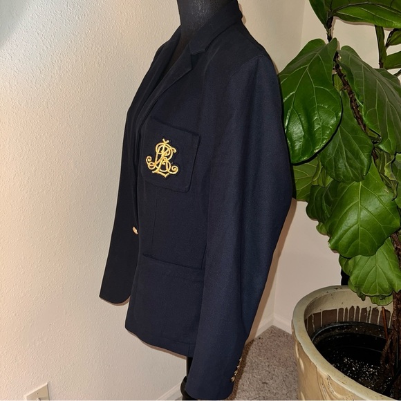 Ralph Lauren Women’s Bullion Jacquard Navy Blue Single Breast Blazer Gold Crest - Picture 11 of 16